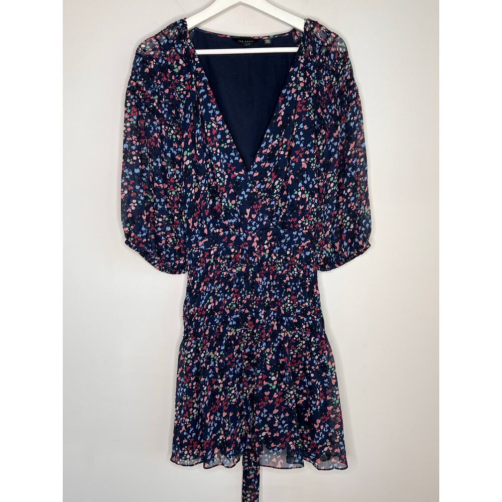 Ted Baker Casadee Puff Sleeve Smock Panel Wrap Mini Dress Navy Women's Size 6 - Picture 3 of 14
